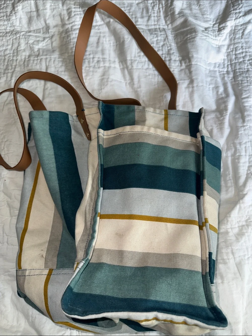 FEED Striped Canvas Tote in Teal, Cream & Mustard